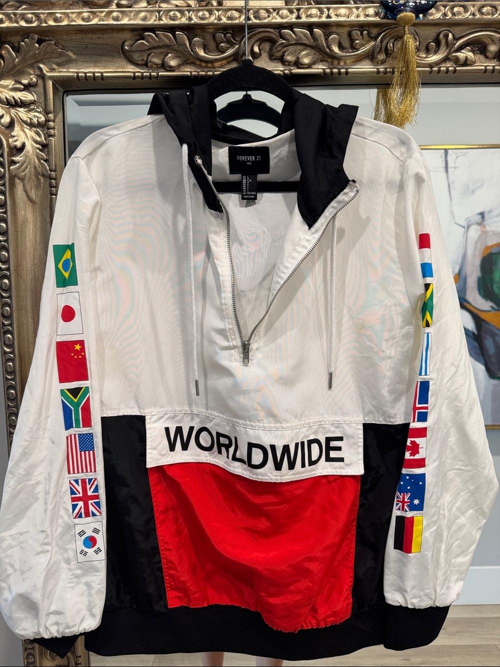 Forever 21 White, Black & Red 'WORLDWIDE' Pullover Windbreaker